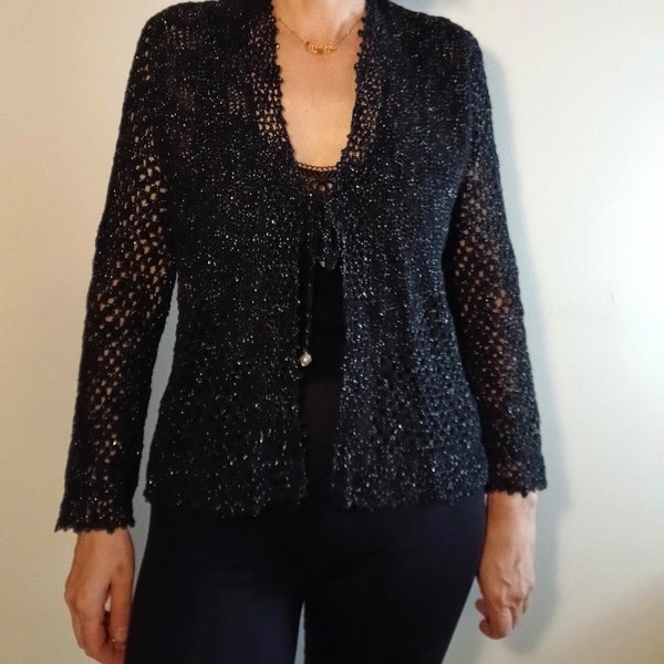 Cárdigan de algodón y lurex negro de crochet hecho a mano, elegante cárdigan hecho a mano, bolero negro