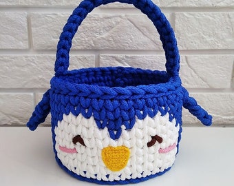 Penguin basket Crochet animal toy basket Nursery Woodland basket Fabric kids basket animals Baby rope storage basket Easter gift