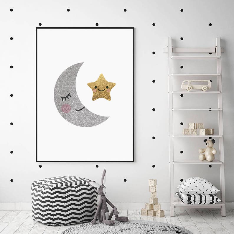 Nursery Wall Decor Moon and Star Print Gold and Silver Etsy