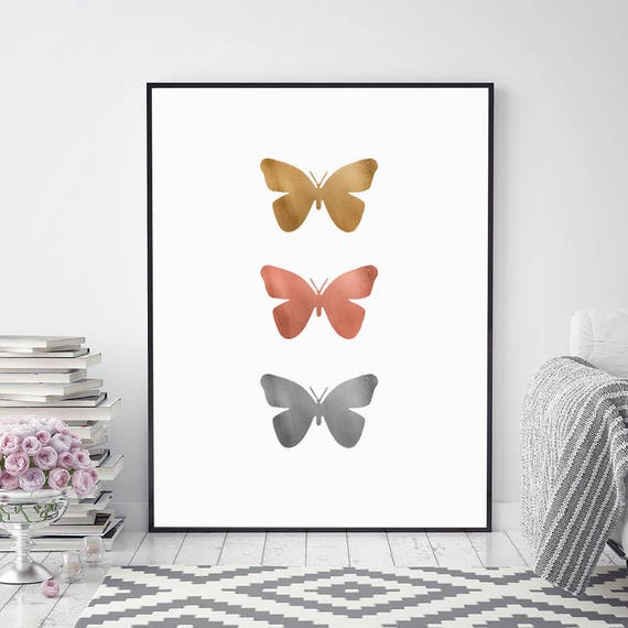 Butterflies Print Rose Gold Silver Butterflies Printable Wall Art Wall Decor Bedroom Decor Home Decor Minimalist Art Poster