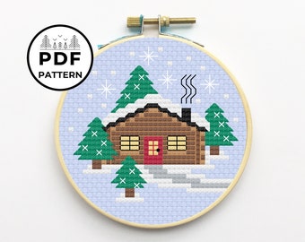 Adorno navideño de cabaña de troncos en punto de cruz - Patrón PDF