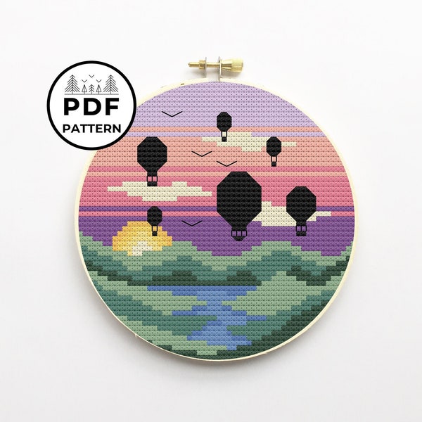 Hot Air Balloons Landscape PDF Cross Stitch Pattern