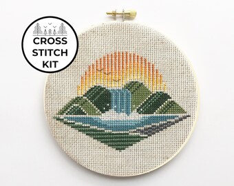 Waterfall and Mountains Landscape Cross Stitch Kit