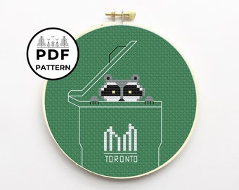 Toronto Raccoon in Green Bin Cross Stitch PDF Downloadable Pattern