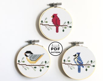 Backyard Birds Cross Stitch Pattern: Cardinal, Chickadee, Blue Jay (PDF Pattern)