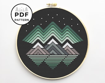 Northern Lights Over Mountains Downloadable PDF Pattern for Cross Stitch