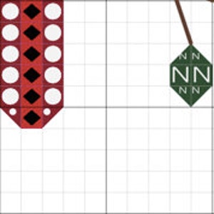 May include: A cross-stitch pattern chart with a red and white design on the left and a green and white design on the right. The red design features white circles and black diamonds. The green design has the letters "NN" in white.