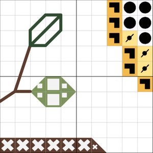 May include: A cross-stitch pattern featuring a stylized plant with a green leaf and a geometric flower. The design includes brown stems, a grid background, and geometric shapes in yellow, black, and white.