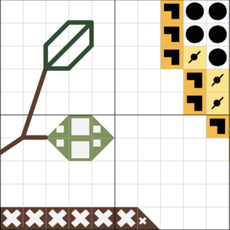 May include: A cross-stitch pattern featuring a stylized plant with a green leaf and a geometric flower. The design includes brown stems, a grid background, and geometric shapes in yellow, black, and white.