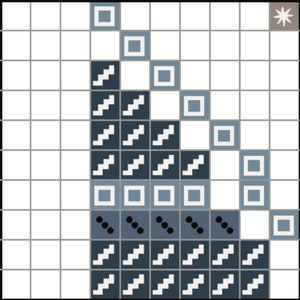 May include: A black and white pattern of stairs on a blue background. The pattern is repeated in a diagonal line. There are also white squares and black dots on the blue background.