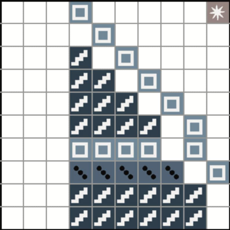 May include: A black and white pattern of stairs on a blue background. The pattern is repeated in a diagonal line. There are also white squares and black dots on the blue background.