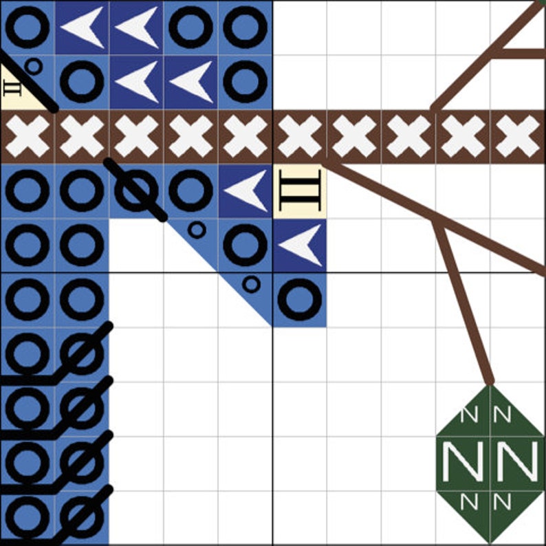 May include: A cross-stitch pattern featuring a tree design with blue, brown, and white elements. The pattern includes geometric shapes, circles, and the letters "NN" within a green hexagon. The design is set against a grid background.