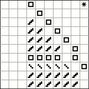 May include: Black and white pixel art design featuring a stylized tree with a star at the top. The tree is made up of squares, diagonal lines, and dots.