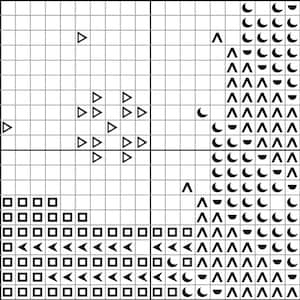May include: A black and white cross-stitch pattern on a grid background. The design includes triangles, squares, chevrons, and crescent moon shapes. The pattern is a geometric design, suitable for a craft project.