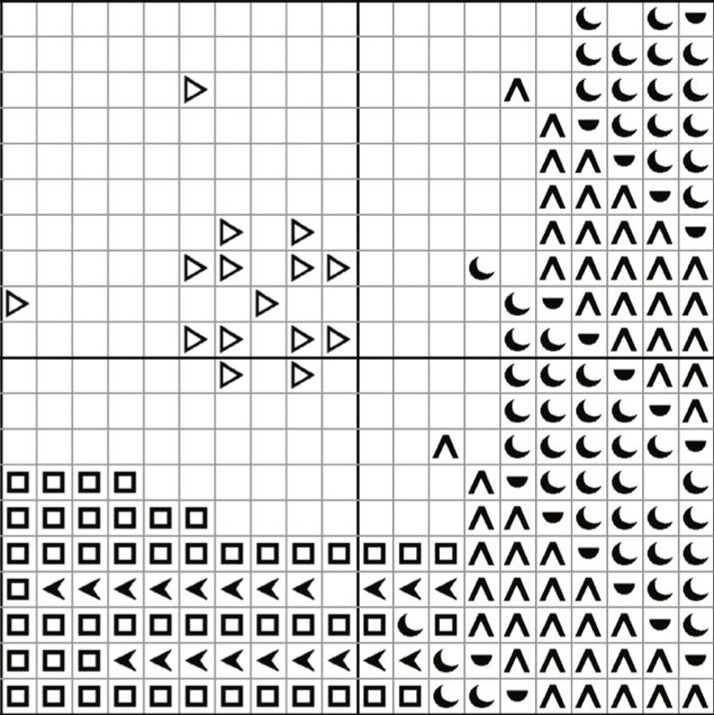 May include: A black and white cross-stitch pattern on a grid background. The design includes triangles, squares, chevrons, and crescent moon shapes. The pattern is a geometric design, suitable for a craft project.