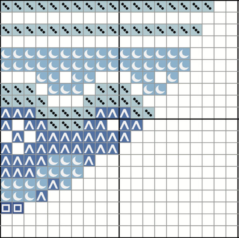 Pu&ograve; includere: Uno schema di punto croce con un design blu e bianco con una variet&agrave; di forme, tra cui lune, triangoli e quadrati.