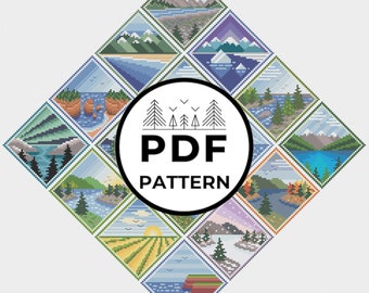 May include: A diamond-shaped cross-stitch pattern featuring twelve landscape scenes. Each scene is a different landscape, including mountains, rivers, and fields. The center has a circular logo with the text "PDF PATTERN".