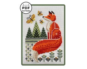 May include: A cross-stitch pattern featuring a red fox with a white belly, sitting in a forest scene. The fox is surrounded by green trees and yellow butterflies. The words "PDF PATTERN" are in a circle in the upper left corner.