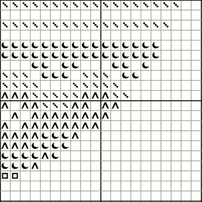Pu&ograve; includere: Design di pixel art in bianco e nero con una luna crescente, stelle e triangoli. Il design ha la forma di un cuore.