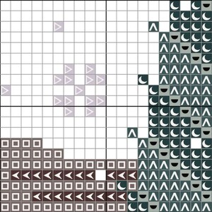 May include: A cross-stitch pattern design featuring geometric shapes and symbols in shades of gray, brown, and teal. The design includes squares, triangles, and chevrons, creating a modern, abstract aesthetic. The pattern is set against a grid background.