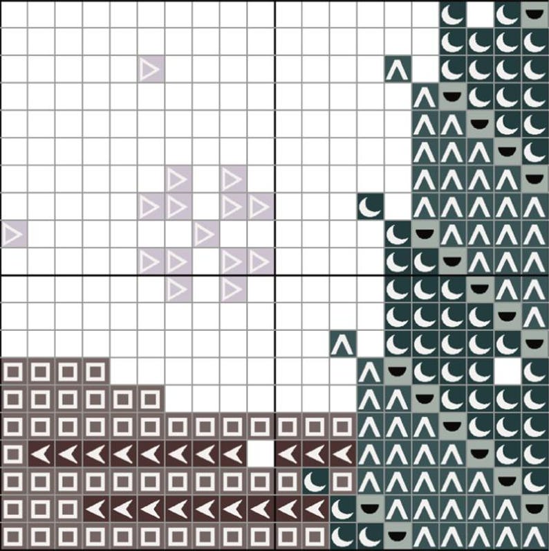 May include: A cross-stitch pattern design featuring geometric shapes and symbols in shades of gray, brown, and teal. The design includes squares, triangles, and chevrons, creating a modern, abstract aesthetic. The pattern is set against a grid background.