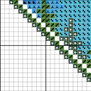 May include: A cross-stitch pattern with a blue, green, and white color scheme. The pattern features a variety of shapes, including stars, triangles, and squares.