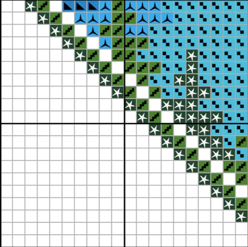 May include: A cross-stitch pattern with a blue, green, and white color scheme. The pattern features a variety of shapes, including stars, triangles, and squares.