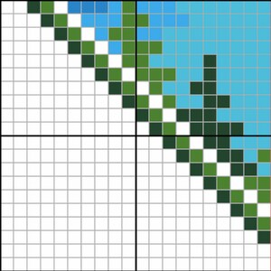 May include: A digital illustration of a grid with a diagonal line of green, white, and blue squares. The squares are arranged in a pattern that resembles a wave.