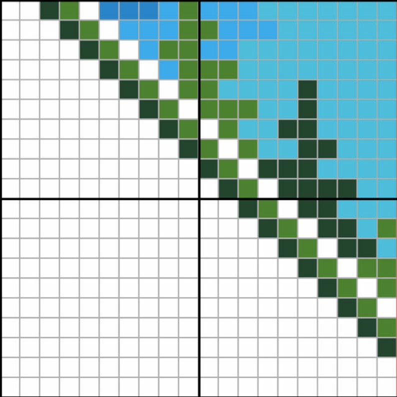 May include: A digital illustration of a grid with a diagonal line of green, white, and blue squares. The squares are arranged in a pattern that resembles a wave.