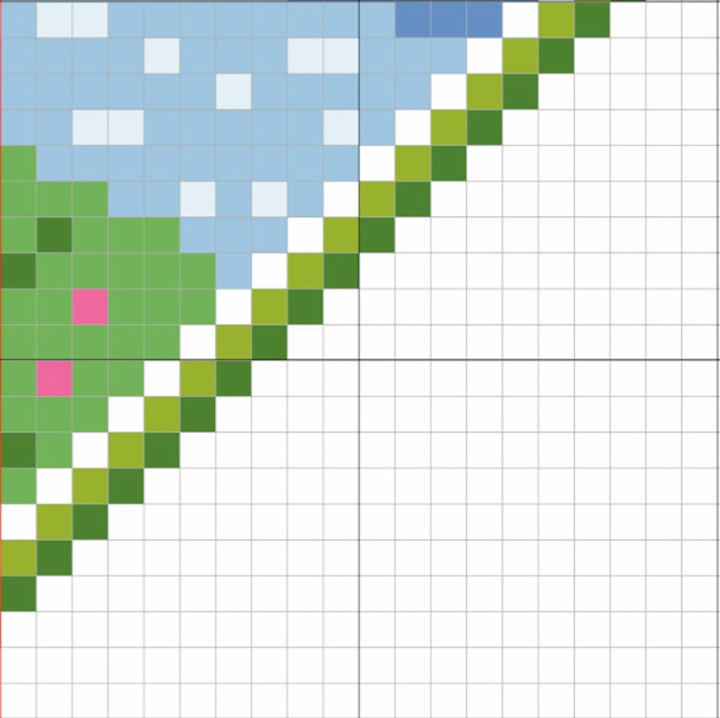 Puede incluir: Un dise&ntilde;o de pixel art que presenta un cielo azul con nubes blancas, un campo verde y dos flores rosas. El dise&ntilde;o est&aacute; formado por peque&ntilde;os cuadrados de diferentes colores.