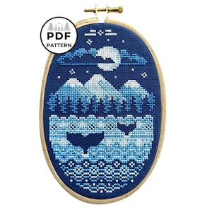 Whales in Bay at Moonlight Cross Stitch Pattern PDF