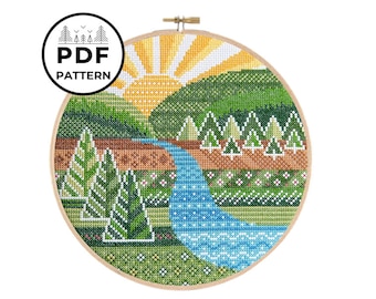 River in Valley Cross Stitch Pattern PDF