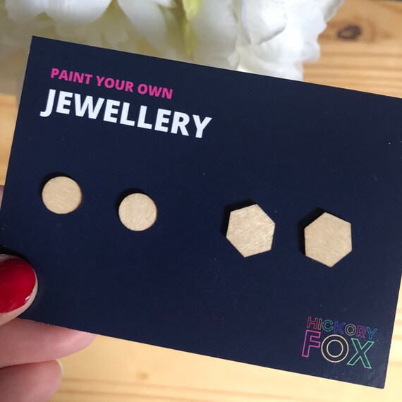 Stud Earrings Paint Your Own Kit | Hexagon and Circle Studs - Pack of Two | Make Your Own Jewellery Kit | Christmas Gift | Stocking Filler