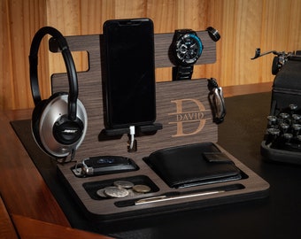Personalised Wooden Docking Station, Night Stand, Phone & Headphone Holder, Charging Organiser, Valet Stand | Fathers Day Gift