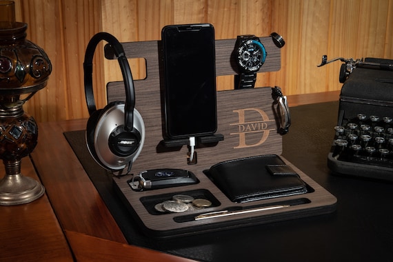 Personalised Wooden Docking Station, Night Stand, Phone & Headphone Holder, Charging Organiser, Valet Stand | Fathers Day Gift