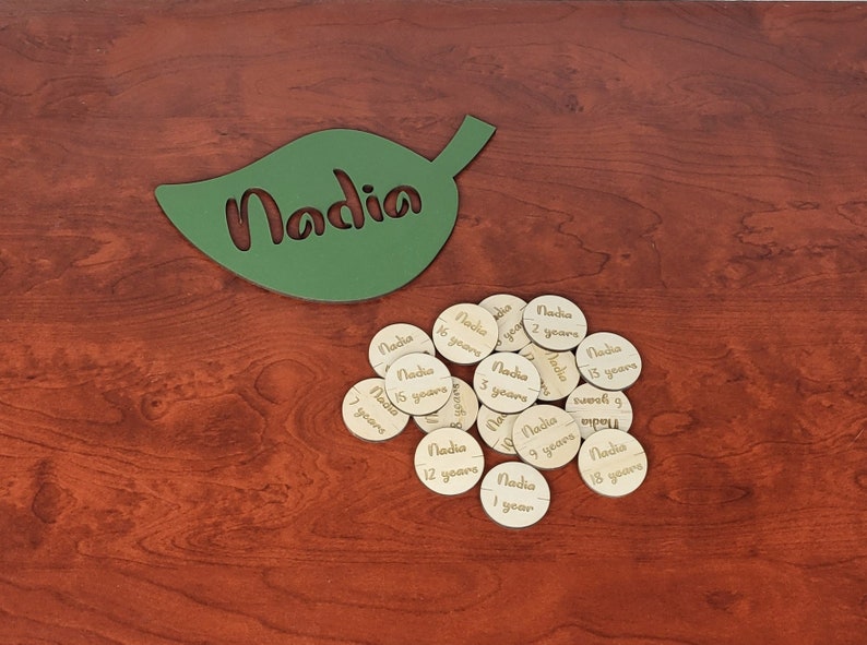 May include: A green leaf-shaped wooden cutout with the name "Nadia" cut out in the center.  There are 18 wooden circles with the name "Nadia" and a number of years written on each circle.