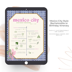 May include: A digital tablet displays a Mexico City bachelorette or birthday itinerary. The design features a pink and gold color scheme with a blue and white patterned border. The itinerary includes activities like cocktails, hot air balloon rides, and exploring the city.