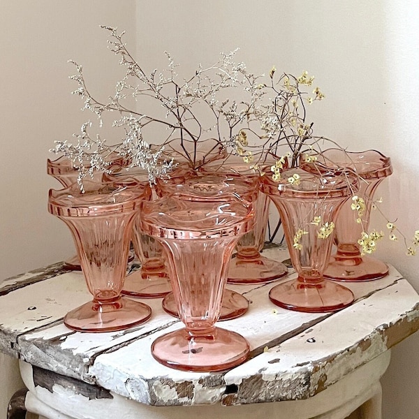 9 Vintage Blush Pink Depression Glass Dessert Ice Cream Bowls.French Retro Pink Swirl Rosaline Sundae Cups.French Pink Footed Glasses