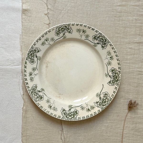 Antique Sarreguemines U&Cie  Model PALMYRE Green Transferware.Antique French Tea Stained Round Dinnerware. Antique Green Floral Transferware