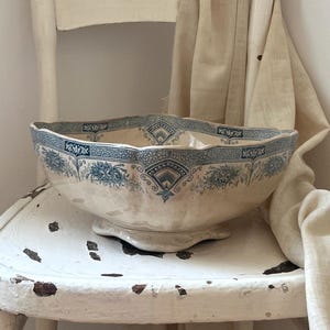Antique French Onnaing Transferware Bowl: Blue Floral Terre de Fer Footed Centerpiece