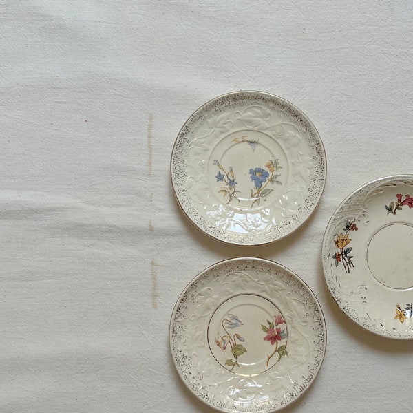 Antique Sarreguemines Floral Coasters: French Porcelain, Gold Trim (Set of 3)
