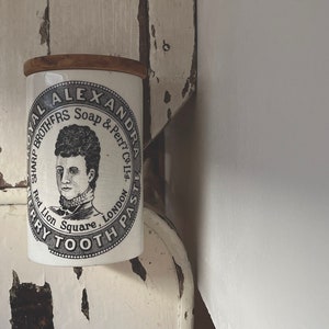 Antique Royal Alexandra Cherry Tooth Paste English White Advertising Jar.Antique Pot & Lid English Black Transferware Pottery LARGE Pot