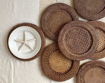 7 Vintage Rattan Braided Plates, French Woven Trivets, Bohemian Decor
