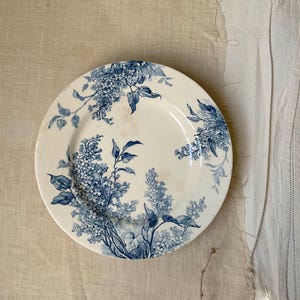 Antique French Terre de Fer Cake Stand: Blue Lilas Transferware Dish