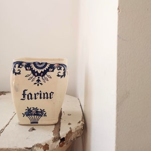 Antique French Ceramic Canister Flour Pot.Antique French Decorative Blue Stencil Transfer.Shabby Chic Kitchen Storage.French Country Cottage