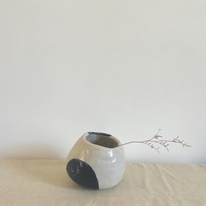 Peut inclure: Un vase en céramique blanc avec un cercle noir sur le côté. Une fine tige de plante séchée dépasse de l'ouverture du vase. Ce vase est un objet décoratif pour la maison, idéal pour les fleurs séchées.