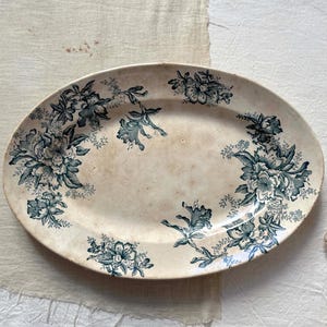 Antique Large Oval Deep Green Blue Floral Transferware Terre de fer Oval Serving Platter.Antique French Ironstone Imperfection Large Platter