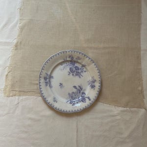 May include: A white ceramic plate with a blue floral design. The plate is round with a scalloped edge and is set on a beige fabric background. The floral pattern includes roses and other flowers.