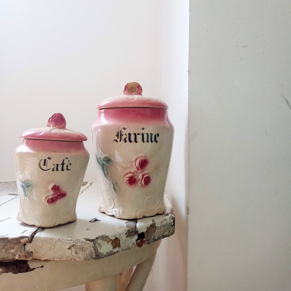 Rare Antique French Majolica Canisters Roses Pink.French Art Deco White Pink Majolica Ceramic Canister.Antique Shabby French Country Cottage