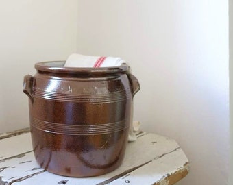 Primitive Medium Brown & Grey French Sandstone Confit Pot.French Old Earthenware Glazed Pot.French Farmhouse Rustic Kitchen Utensils Holder